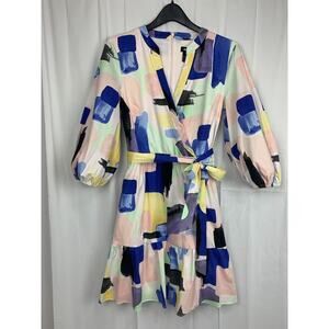 DKNY Women’s Water Color V-Neck Faux Wrap Shirt Dress 3/4 Sleeve Size 12